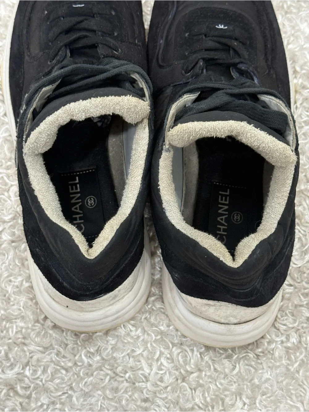 CHANEL Black and White Suede Fabric Sneakers